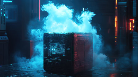 A high-tech mystery box in a futuristic setting, releasing cyberpunk-style smoke and lightの素材