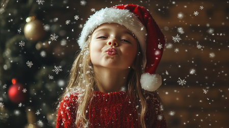 A girl in a red knitted pullover and Santa hat, blowing a kiss surrounded by floating snowflakes indoorsの素材