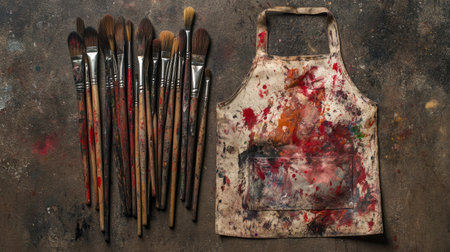 A group of paint brushes lying beside an artist's apron covered in paint stainsの素材