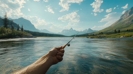 A hand extending a fishing rod towards the river, with mountains in the backgroundの素材