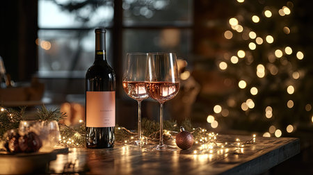 A holiday party scene featuring wine glasses and a bottle of wine on a bar table decorated with fairy lightsの素材