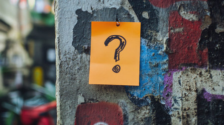 A hand-drawn question mark on a sticky note stuck to a wall with motivational quotesの素材