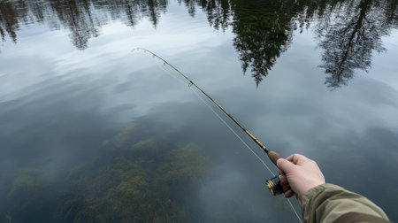 A hand holding a fishing rod, with the line extended over calm, reflective river watersの素材