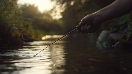 A hand gripping a fishing rod, with the waterline gently cutting through a peaceful riverscapeの素材