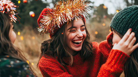 A girl in a red sweater and Christmas hat, laughing as she wraps a friend's head with tinselの素材