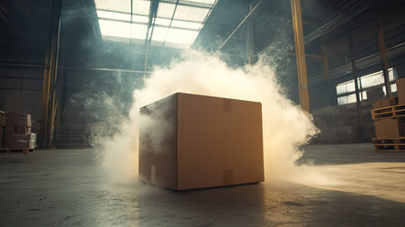 A large cardboard box on a warehouse floor, with thick smoke spilling out as it opensの素材