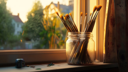 A jar of paint brushes sitting on a windowsill, with natural light streaming inの素材