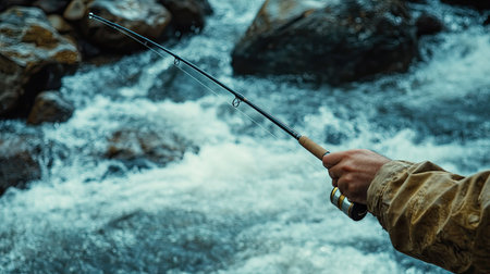 A hand holding a fishing rod over a rushing river, with boulders and rapids visible belowの素材