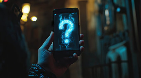 A hand holding a smartphone with a virtual question mark hologram projected above itの素材