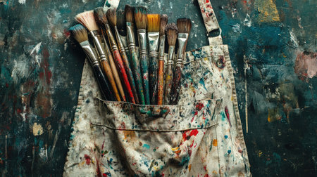 A group of paint brushes lying beside an artist's apron covered in paint stainsの素材