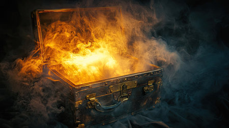 A leather-bound chest opening with a dramatic burst of light and cascading smokeの素材