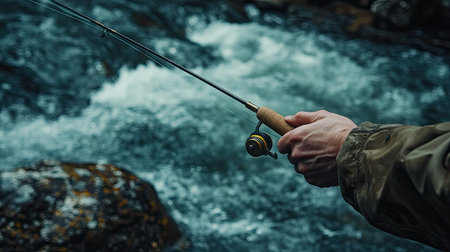 A hand holding a fishing rod over a rushing river, with boulders and rapids visible belowの素材