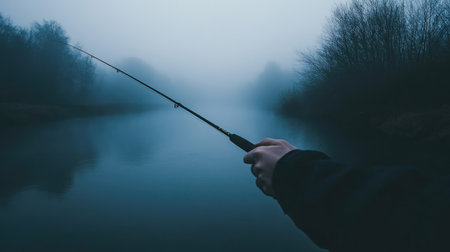 A hand gripping a fishing rod against a misty river at dawn, creating a serene moodの素材