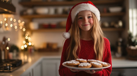 A girl wearing a red sweater and Santa hat, holding a plate of freshly baked Christmas cookies in a cozy kitchenの素材