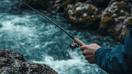 A hand clutching a fishing rod while standing on a rocky outcrop by a flowing riverの素材