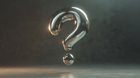 A metallic D question mark floating in mid-air with a soft spotlight illuminating itの素材