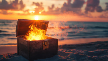 A mysterious wooden box on a beach, its lid releasing glowing smoke against the sunsetの素材
