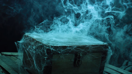 A mysterious chest surrounded by cobwebs, releasing pale, ghostly smoke into the airの素材