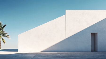 A modern building wall with minimalist design, split by a harsh noon shadow.の素材