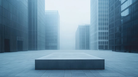 A minimalist cityscape showing an empty concrete square surrounded by modern office buildingsの素材