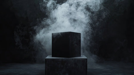 A mysterious black box on a pedestal, with thick smoke billowing into the darknessの素材