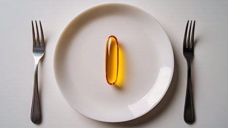 A minimalist setup featuring a single fish oil capsule on a clean white plate with cutleryの素材