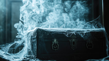 A mysterious chest surrounded by cobwebs, releasing pale, ghostly smoke into the airの素材