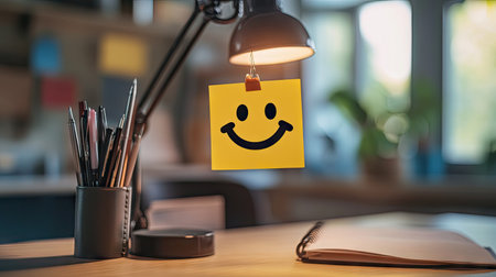 Smiley face sticky note stuck on a desk lamp, with pens, notebooks, and a cozy study space in the backgroundの素材