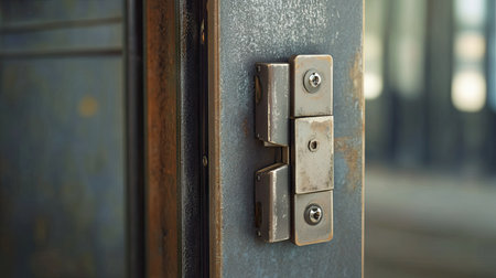 Metal door frame and latch mechanism in focus, slightly open, with an industrial feel.の素材