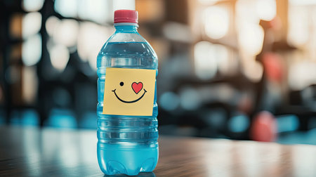 Sticky note with a hand-drawn smiley face and a heart, stuck to a water bottle, adding positivity to a workoutの素材