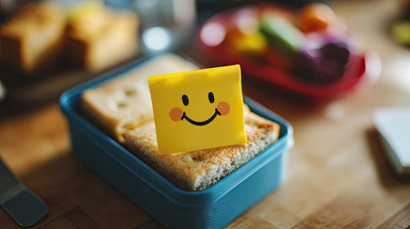 Sticky note with a smiley face on a child's lunchbox, placed lovingly by a parent. Cute and caring vibeの素材