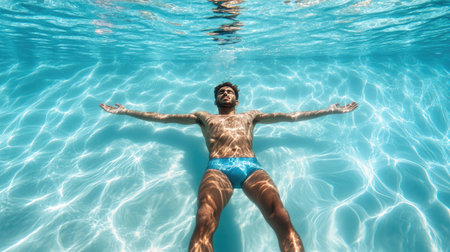 Swimmer floating face-up underwater, arms relaxed, looking serene and calm as light dances across the pool surfaceの素材