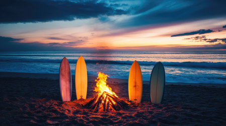 Surfboards in the sand near a bonfire pit on the beach, ready for a day of surfing and evening of relaxationの素材