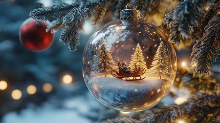 Snow globe-style ornament with a tiny sleigh scene inside, hanging on a frosted Christmas tree.の素材