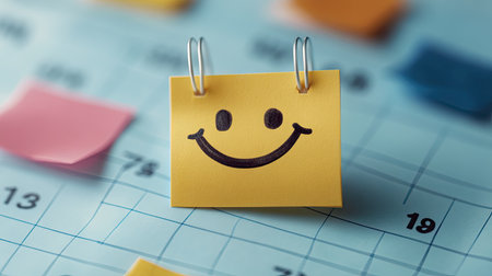 Sticky note with a smiley face on a calendar, marking an important date with a cheerful reminderの素材
