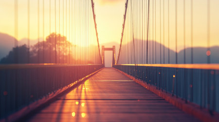 Suspension bridge deck close-up against a soft evening sky, with light reflecting off cables.の素材