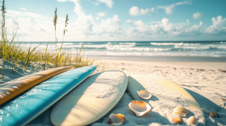 Surfboards lined up on the sand with beach grass and seashells scattered around, ocean waves in the distanceの素材