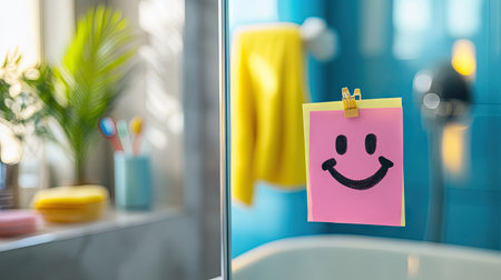 Smiley face sticky note stuck to a mirror in a bright, modern bathroom. Positive and motivating sceneの素材