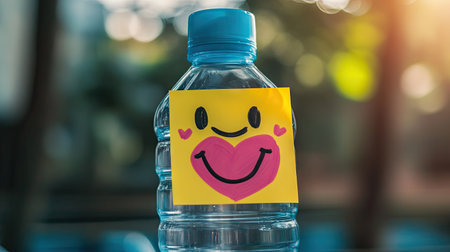 Sticky note with a hand-drawn smiley face and a heart, stuck to a water bottle, adding positivity to a workoutの素材