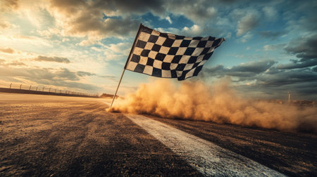 The checkered flag being waved at the finish line, with dust kicked up from speeding cars.の素材