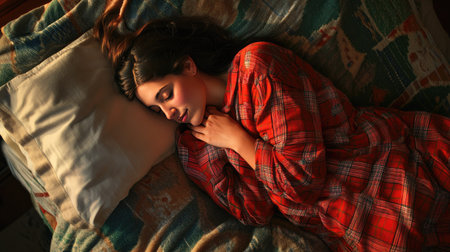 Woman in plaid pajamas sleeping on a bed, her body curled up under a cozy duvet, with a small smile on her faceの素材