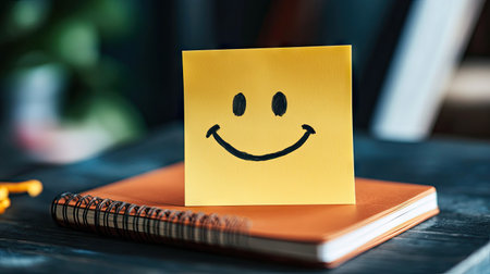 Sticky note with a smiley face and Good Luck message, placed on a student's notebook for an exam dayの素材