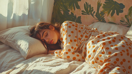 Woman in polka-dot pajamas sleeping on her side in a neatly made bed, wrapped in a cozy blanket. Calm and cozy atmosphereの素材