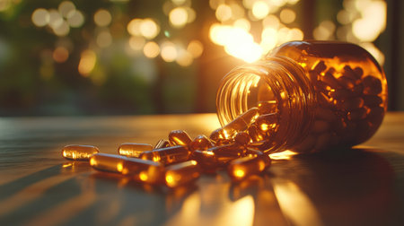 A bottle of vitamin E capsules spilling onto a wooden table, glowing under soft natural lightの素材
