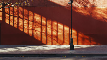 An urban street wall under the midday sun, a shadow from a streetlamp creating geometric patterns.の素材