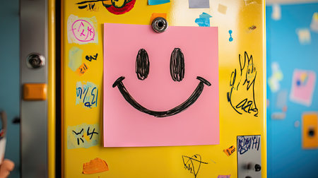 Sticky note with a big smiley face on a locker door, colorful decorations and doodles around itの素材