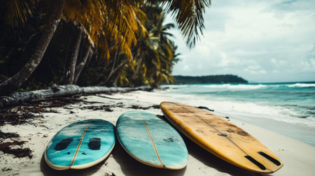 Surfboards scattered on a tropical beach with coconut palms swaying and crystal-clear ocean in the backgroundの素材