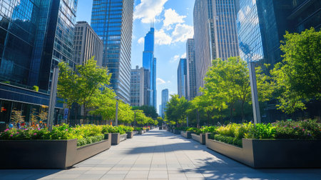 A clean and modern square surrounded by architectural marvels and lush green plantersの素材
