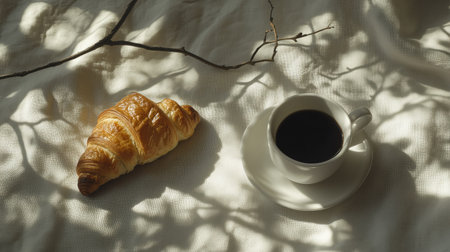 A cup of black coffee and a flaky croissant on a white cloth, with shadows of a tree branch creating a natural feelの素材