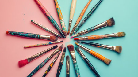 A creative arrangement of paint brushes forming a star shape on a pastel backgroundの素材